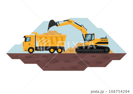 Crawler excavator filling a dump truck, heavy machinery used in mining and construction Crawler excavator filling a dump truck, heavy machinery used in mining and construction 108754294
