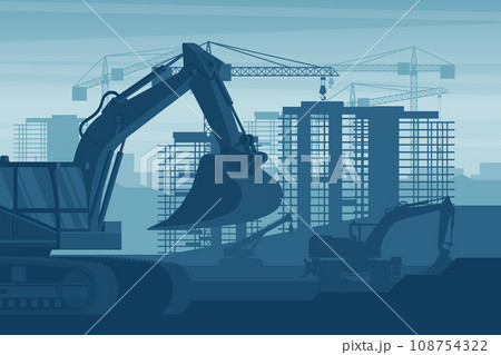 Scene background of heavy machinery excavator, telescopic crane, wheel excavator, working in a city building construction industry 108754322