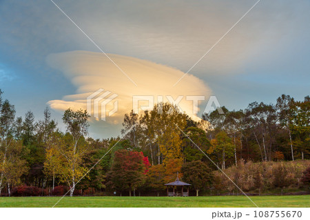 みずがき自然公園から紅葉の木々と朝焼け雲 みずがき自然公園から紅葉の木々と朝焼け雲 108755670