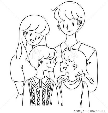 若い夫婦と男の子と女の子の4人家族手描き白黒イラスト 108755955