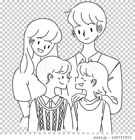 若い夫婦と男の子と女の子の4人家族手描き白黒イラスト 108755955