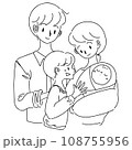 若い夫婦と子供と赤ちゃんの4人家族手描き白黒イラスト 108755956
