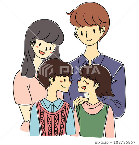 若い夫婦と男の子と女の子の4人家族手描きイラスト 108755957