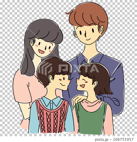 若い夫婦と男の子と女の子の4人家族手描きイラスト 108755957