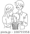 若い夫婦と男の子と女の子の3人家族手描きイラスト 108755958