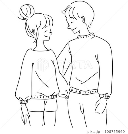 若い夫婦・カップルが微笑んでいる手描き白黒イラスト 108755960