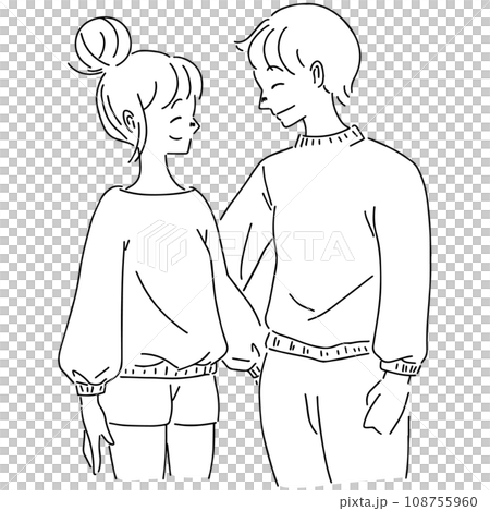 若い夫婦・カップルが微笑んでいる手描き白黒イラスト 108755960
