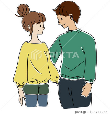若い夫婦・カップルが見つめ合っている手描きイラスト 108755962