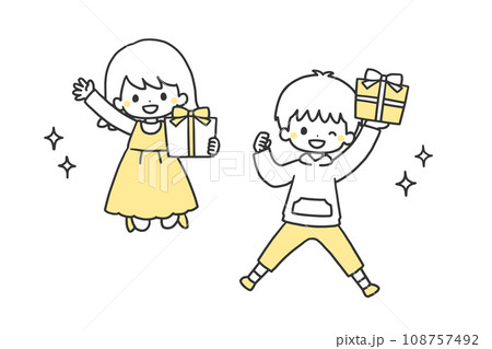 プレゼントを持ってジャンプする笑顔の子どもたち 108757492