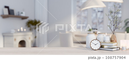 Copy space on a minimal wood tabletop with accessories in a modern, cosy white living room. 108757904