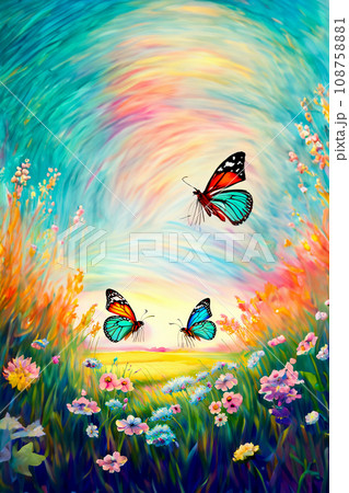 蝶が舞う花咲く野原のイラスト 108758881