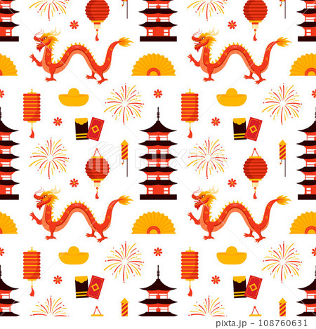 Happy Chinese New Year 2024 Seamless Pattern Design. Translation : Year of the Dragon. with Lantern, Dragons and China Elements in Flat Illustration Happy Chinese New Year 2024 Seamless Pattern Design. Translation : Year of the Dragon. with Lantern, Dragons and China Elements in Flat Illustration 108760631