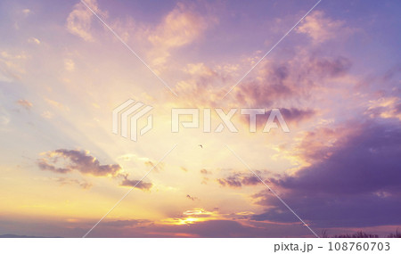Violet purple sky in morning scenery Vibrant colorful blue sky summer time on sunrise. Natural beautiful landscape. Beauty purple sky romantic dramatic landscape cloudy outdoor paradise in sunset 108760703