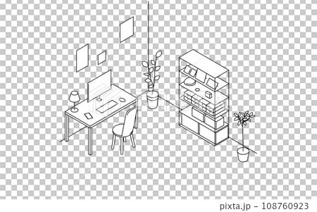 房間查找器：書房、辦公桌和書架的簡單等軸測圖 108760923