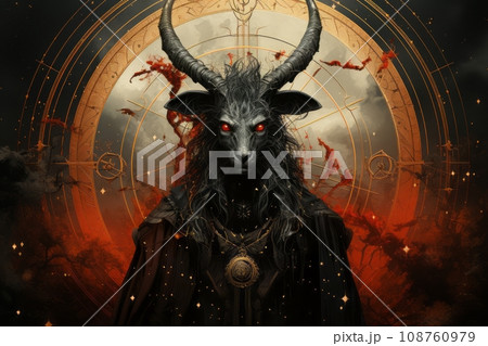 暗黒の神秘を纏う、不吉な角を持つ生き物のタロットカードスタイルのイラスト AI画像 108760979