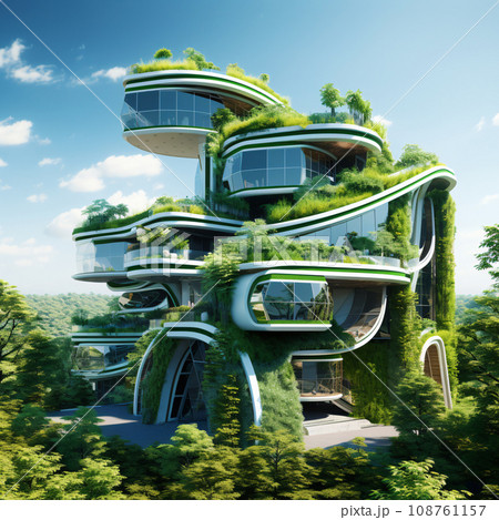 Eco-friendly building in the modern city. Sustainable glass office building with trees for reducing CO2. Office building with green environment. Corporate building. Net Zero Emissions. Generative AI. 108761157