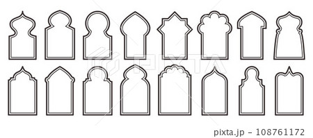 Ramadan frame shapes set. Vector door and windows arch with Islamic design. Muslim oriental gate. Indian vintage arcs with traditional ornament. Architecture elements and stickers 108761172