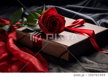 gift box with red ribbon and rose flower on black fabric 108761404