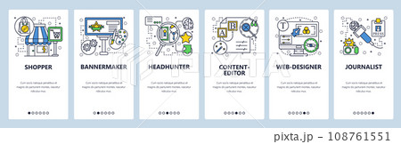 Web site onboarding screens. Shopping, headhunter, editor, web designer, journalism. Menu vector banner template for website and mobile app development. Modern design linear art flat illustration. Web site onboarding screens. Shopping, headhunter, editor, web designer, journalism. Menu vector banner template for website and mobile app development. Modern design linear art flat illustration. 108761551