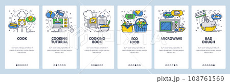Web site onboarding screens. Cooking book and online recipe, organic food. Menu vector banner template for website and mobile app development. Modern design linear art flat illustration. Web site onboarding screens. Cooking book and online recipe, organic food. Menu vector banner template for website and mobile app development. Modern design linear art flat illustration. 108761569