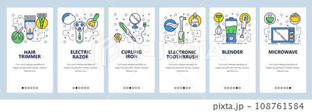 Web site onboarding screens. Home kitchen and bathroom appliances, trimmer, iron, blender, microwave. Menu vector banner template for website and mobile app development Web site onboarding screens. Home kitchen and bathroom appliances, trimmer, iron, blender, microwave. Menu vector banner template for website and mobile app development 108761584