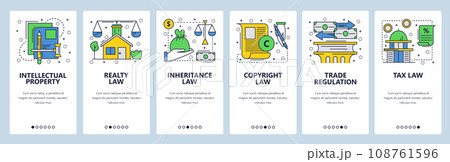 Web site onboarding screens. Law icons, copyright, intellectual property, trade, taxes and financial law. Menu vector banner template for website and mobile app development 108761596