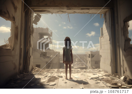 "戦禍の孤独: 爆撃された建物の3階に残された少女"<画像生成AI> 108761717