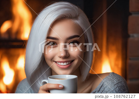 暖炉の前でコーヒーを飲む女性 108762127