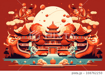 Chinese New Year greeting card background with temple, pagoda, house, lantern and dragon. Generative ai 108762250