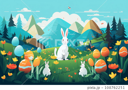 Easter background. Cute cartoon bunny on green floral hill with eggs and colorful flowerst. Generative ai 108762251