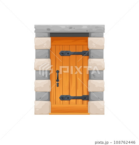 Medieval castle wooden door gate with stone arch, cartoon vector doorway entrance. Old dungeon or antique house wood door, fortress or Medieval home cellar gate portal with iron metal handle and lock 108762446