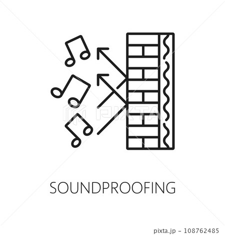 Soundproof wall thermal insulation icon. House construction insulation layer cross section scheme, home facade soundproofing and noise protection line vector pictogram with brick wall and music notes Soundproof wall thermal insulation icon. House construction insulation layer cross section scheme, home facade soundproofing and noise protection line vector pictogram with brick wall and music notes 108762485