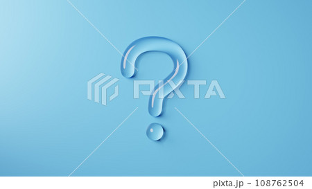 水色背景に立体的なクエスチョンマーク。ガラスのような透明の疑問符。3D（横長） 108762504