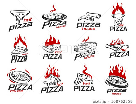 Pizza icons of italian pizzeria and restaurant, vector Italy cuisine food. Black pizza slices with red fire flames, cheese sauce, tomatoes and sausages symbols. Italian fast food cafe menu or delivery 108762559