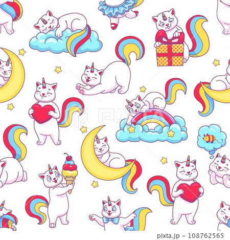Cute funny cartoon caticorn seamless pattern of cat unicorn and rainbow, vector background. Happy caticorn pattern of kitty unicorn characters or kitten baby in magic dream of princess with love heart 108762565