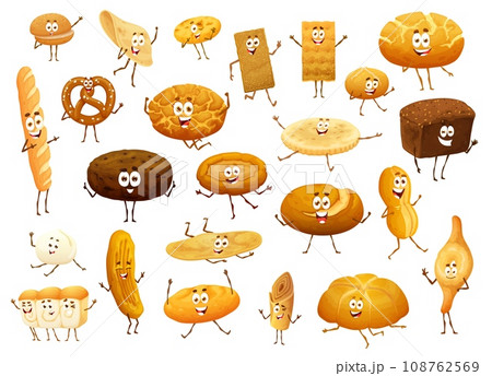 Cartoon isolated bread and bakery funny characters. Vector bake shop products wheat, rye loafs, pretzel, buns, patty pie. Pastry personages with cute smile faces, design elements for kids cafe menu 108762569