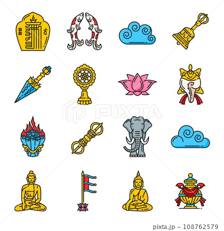 Buddhism religion icons and religious symbols of Dharma, vector lotus and Buddha. Tibetan Buddhism religious signs of victory banner, wish granting jewel and sacred elephant with Dharmachakra 108762579