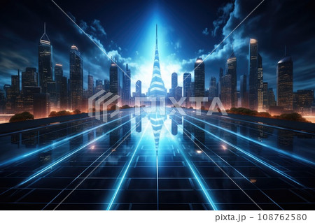 Abstract night cityscape background. Smart city, ai and digital transformation concept. Double exposure 108762580