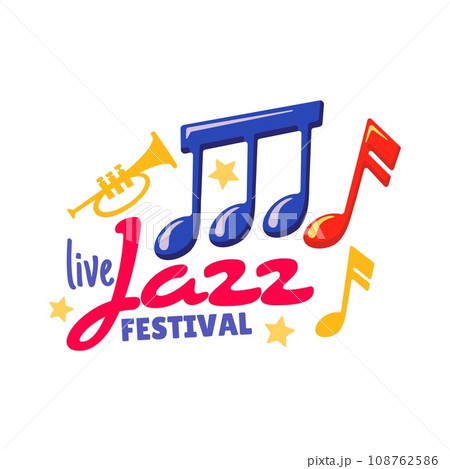 Jazz music festival icon with vector trumpet musical instrument, music notes and stars. Color symbol of jazz band concert, night party, live show and art performance with music instrument and notes 108762586