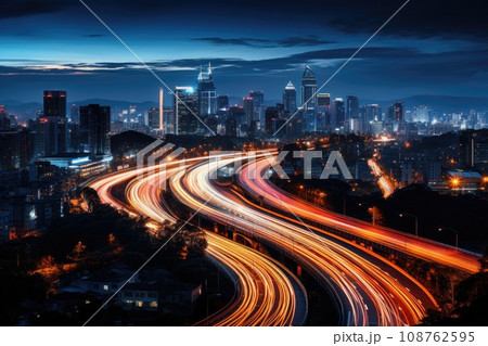 Abstract night cityscape background. Smart city, ai and digital transformation concept. Double exposure 108762595