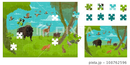Jigsaw puzzle pieces, forest hunting animals and birds, vector kids game worksheet. Wild fox, deer and boar with rabbit hare, ducks and partridge on forest hunt, picture puzzle jigsaw to match pieces 108762596
