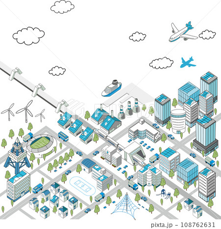 海沿いの街並みの俯瞰イラスト 108762631