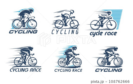 Cycling sport icons with bike racer silhouettes. Road bicycle racing or track cycling vector signs of cyclist men riding bicycles with safety helmets and speed motion trails, sport competition 108762666