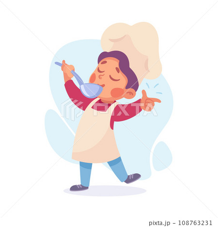Boy Cook or Chef Character in Uniform Taste Soup with Ladle Cooking Meal Vector Illustration Boy Cook or Chef Character in Uniform Taste Soup with Ladle Cooking Meal Vector Illustration 108763231