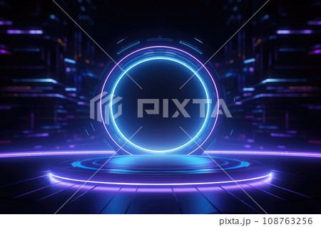 Abstract technology hud interface hologram elements neon lights, circle percent vitality innovation on hi tech future design. Generative AI 108763256