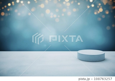 金色ボケライト付き水色背景に丸い展示台がある冬のコンセプトのテンプレート。AI生成画像 108763257