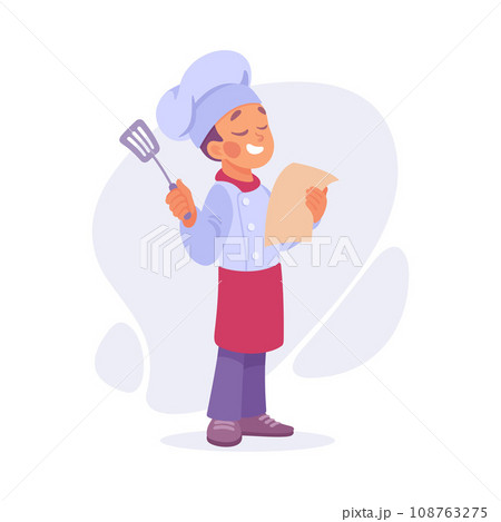 Boy Cook or Chef Character in Uniform Read Recipe Cooking Meal Vector Illustration Boy Cook or Chef Character in Uniform Read Recipe Cooking Meal Vector Illustration 108763275