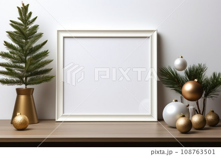 Blank frame on desk, minimal design background. Generative AI 108763501