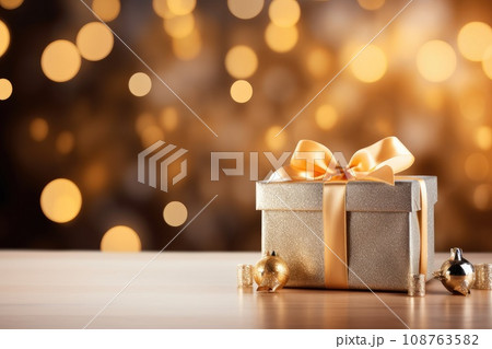 Gift boxes on the background of bokeh. Christmas and new year background. Generative AI Gift boxes on the background of bokeh. Christmas and new year background. Generative AI 108763582