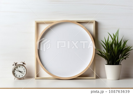 Blank frame on desk, minimal design background. Generative AI 108763639